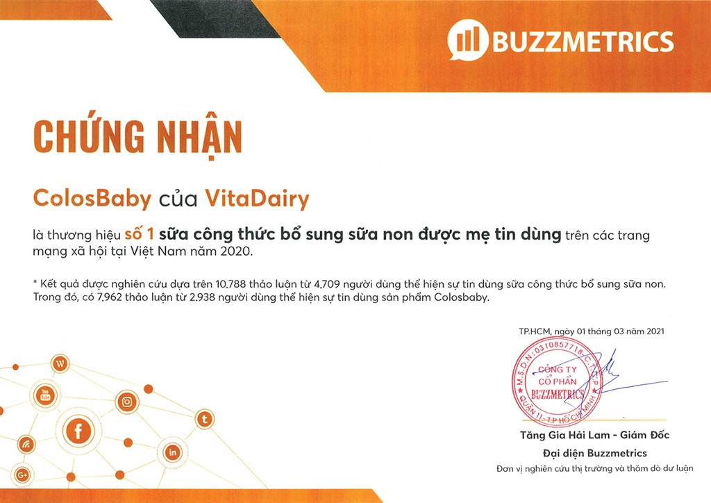 Chứng nhận sữa Colosbaby là thương hiệu sữa công thức bổ sung sữa non số 1 được mẹ Việt tin dùng