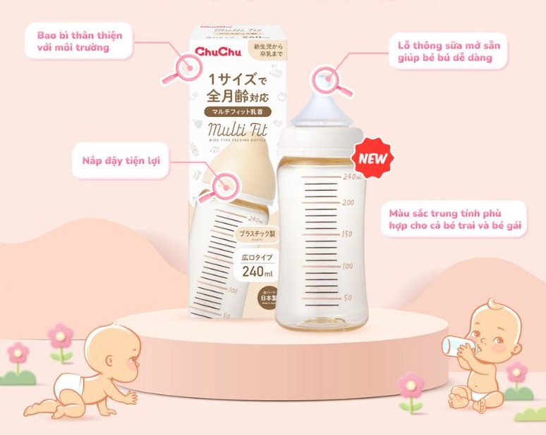 Bình sữa ChuChu Baby Nhật Bản với nún ti chống sặc cho trẻ sơ sinh