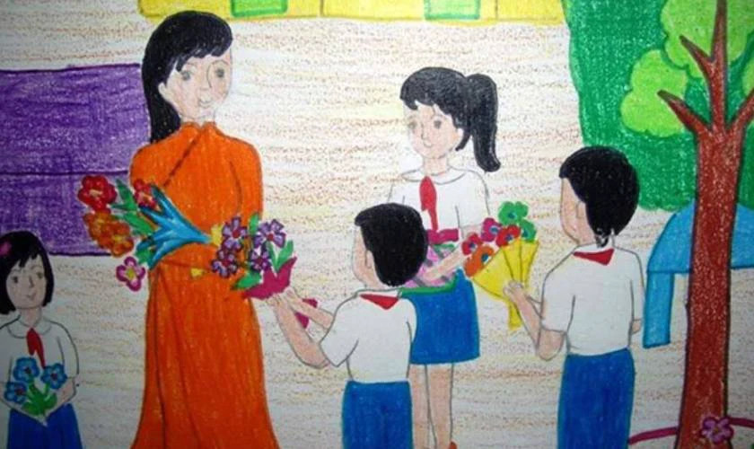 Bức tranh 20/10 cho học sinh vẽ cô giáo trên bục giảng, tôn vinh hình ảnh người thầy tận tâm