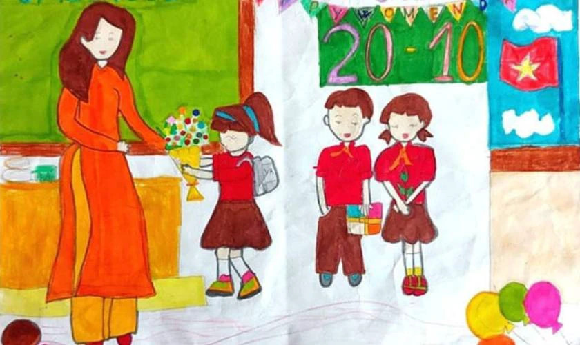 Bức tranh đơn giản vẽ một bó hoa tươi thắm, biểu tượng cho lòng tri ân khi vẽ tranh 20/10 tặng cô giáo