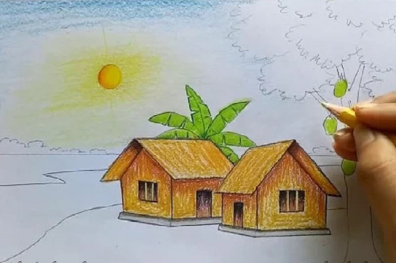 Bức tranh phong cảnh làng quê đã được tô màu cơ bản với các mảng màu chính cho nhà, cây cối, cánh đồng và bầu trời, thể hiện bố cục màu sắc tổng thể.
