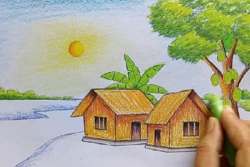 Bức tranh phong cảnh làng quê đã hoàn thiện với các chi tiết được tô đậm nhạt, tạo bóng và chiều sâu, mang lại cảm giác chân thực và sống động hơn.
