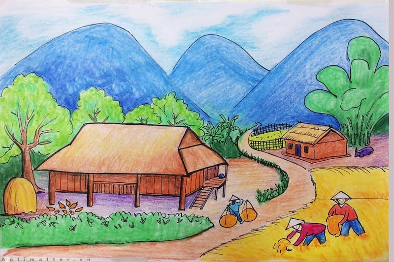 Bức tranh phong cảnh minh họa hiệu ứng ánh sáng và bóng tối rõ rệt trên các ngọn núi và mặt hồ, cho thấy tầm quan trọng của việc phân bổ nguồn sáng trong tác phẩm.