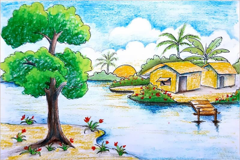 Bức tranh phong cảnh mùa thu với con đường đất uốn lượn giữa hàng cây lá vàng, tạo cảm giác về một con đường mòn dẫn sâu vào khu rừng.