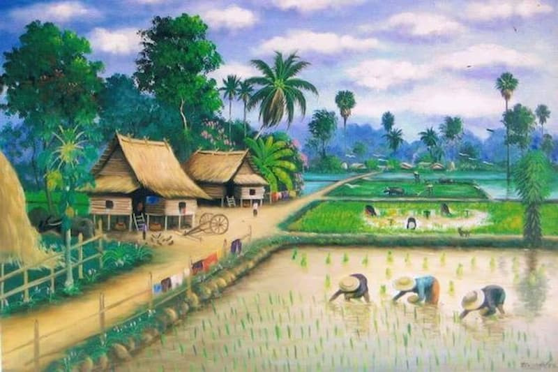 Bức tranh phong cảnh núi non hùng vĩ với con đường uốn lượn hướng về trung tâm, mây trời và mặt trời đang lặn, thể hiện chiều sâu và sự bao la.