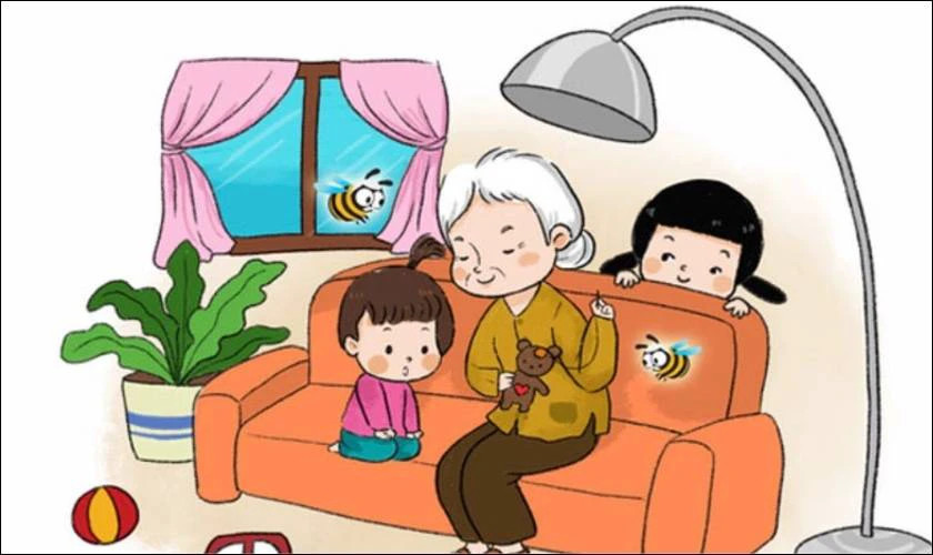Bức tranh vẽ bà và cháu dễ thương, gợi lên những kỷ niệm ngọt ngào và tình cảm gia đình bền chặt