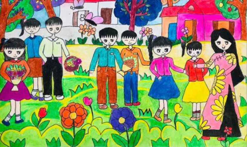 Bức tranh vẽ cô giáo đang ân cần hướng dẫn học trò, làm nổi bật tình thầy trò khi vẽ tranh 20/10 tặng cô giáo