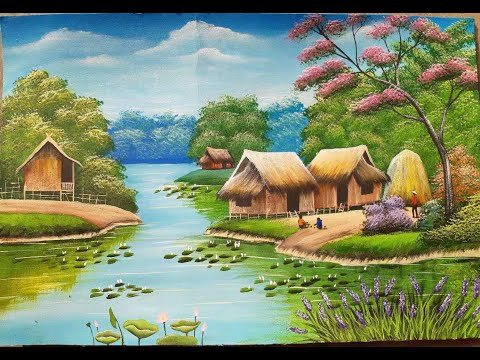 Bức tranh vẽ về cảnh đẹp quê hương với phong cảnh thiên nhiên tươi đẹp