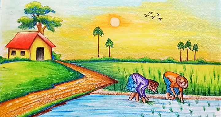 Bức vẽ về cảnh đẹp quê hương do học sinh thực hiện, thể hiện tài năng nghệ thuật