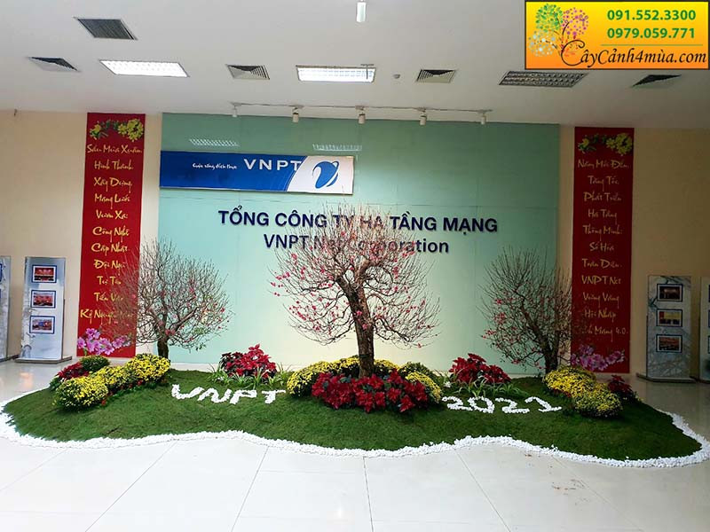 Dịch vụ trang trí tiểu cảnh ngày Tết tại sảnh văn phòng với hoa đào và mai vàng rực rỡ