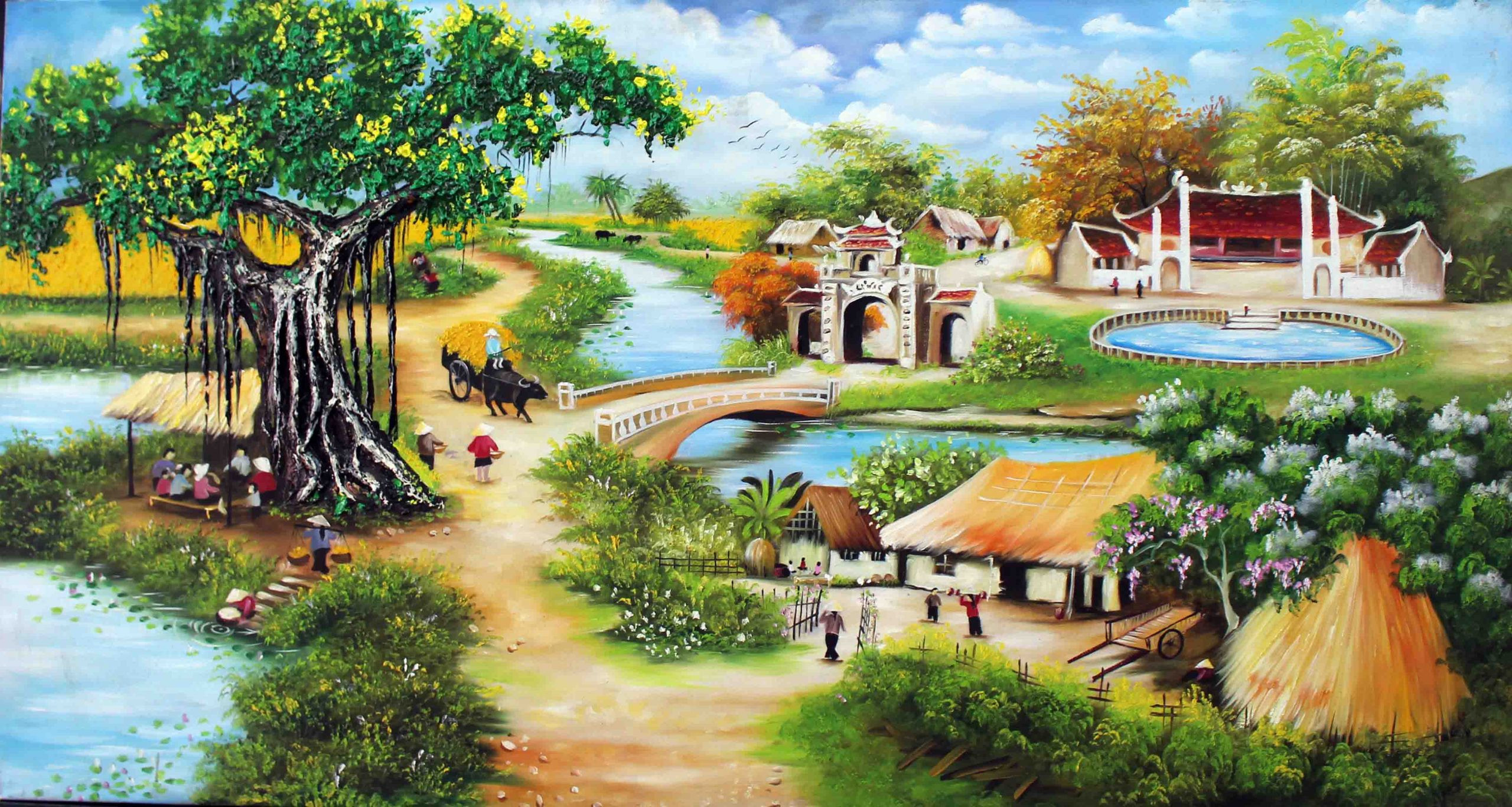 Gợi ý ý tưởng vẽ về cảnh đẹp quê hương với khung cảnh làng quê thanh bình