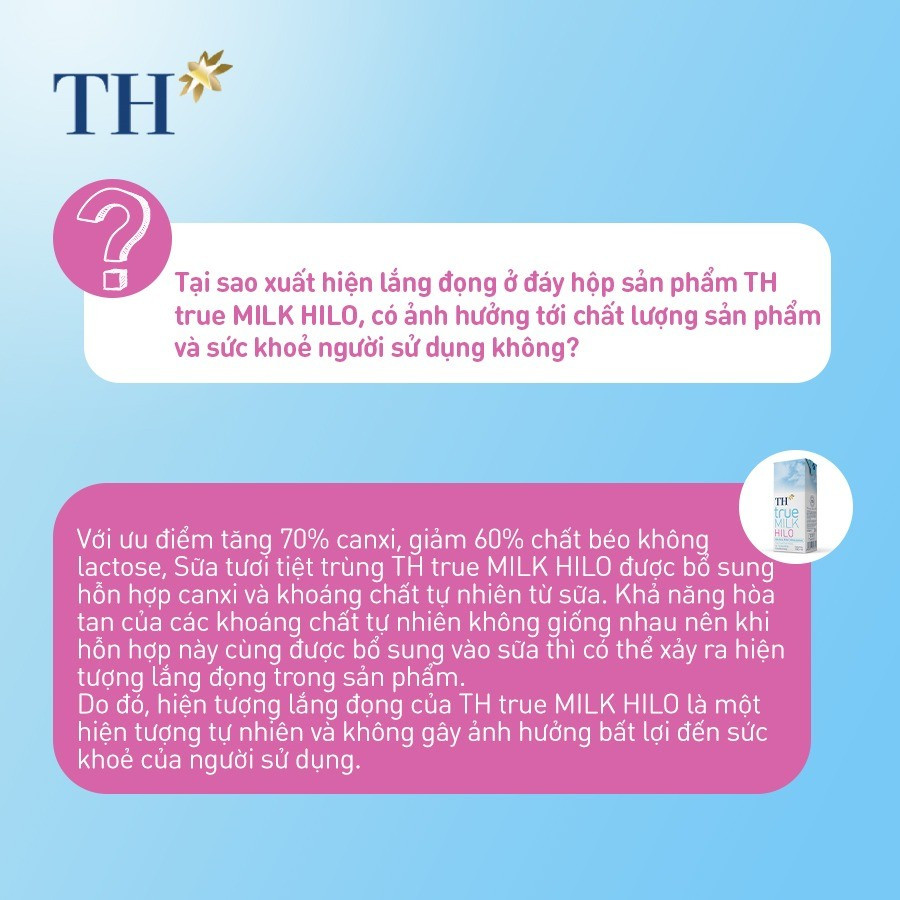 Hình ảnh minh họa hiện tượng lắng cặn tự nhiên ở đáy hộp sữa TH true MILK HILO