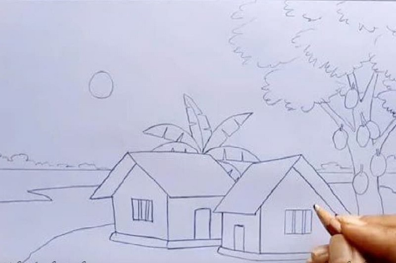 Hình ảnh phác thảo ban đầu của một bức tranh phong cảnh làng quê, với ngôi nhà mái tranh, hàng cây, con đường và dòng sông nhỏ, tạo nên bố cục cơ bản.