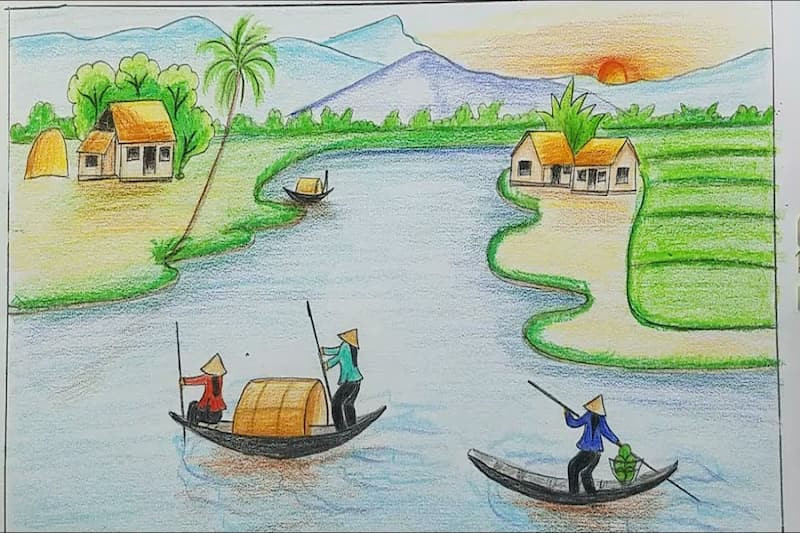 Hình ảnh phác thảo ban đầu của một bức tranh phong cảnh núi và hồ nước, thể hiện quá trình định hình chủ đề và bố cục trước khi bắt đầu vẽ chi tiết.
