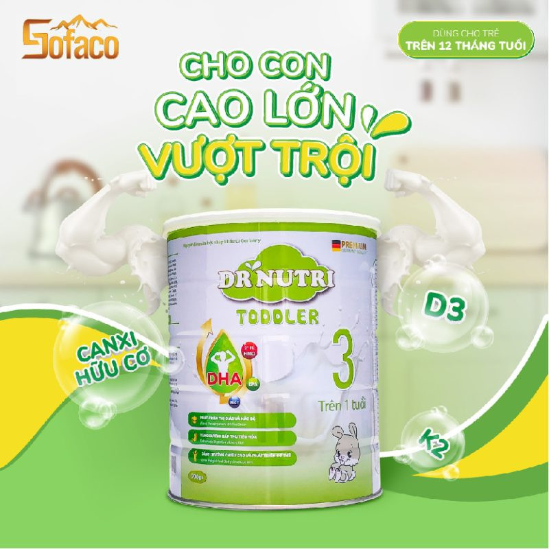Hộp sữa bột Dr Nutri Toddler 900g phát triển chiều cao và trí não cho bé trên 1 tuổi
