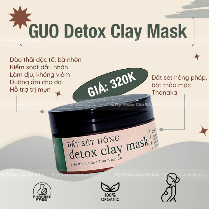 Mặt nạ đất sét hồng thải độc GUO - lựa chọn an toàn cho bà bầu giảm mụn