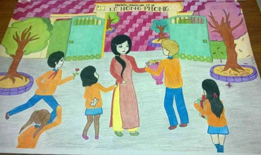 Mẫu vẽ tranh 20/10 cho cô giáo, thể hiện cảnh lớp học với những kỷ niệm đẹp