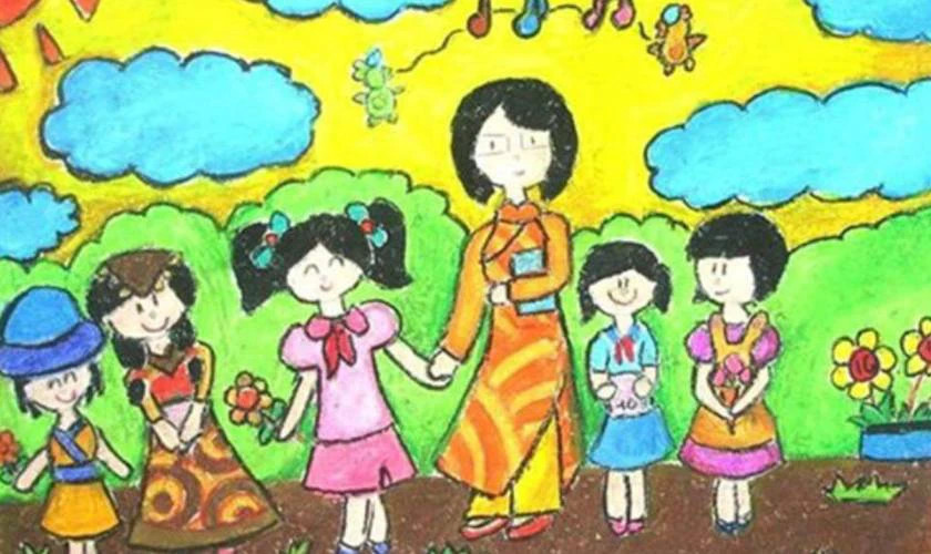 Mẫu vẽ tranh 20/10 đơn giản về bó hoa, thể hiện sự tri ân ngọt ngào của học sinh dành cho cô giáo