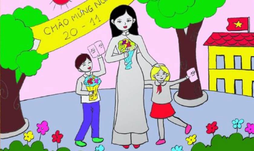 Mẫu vẽ tranh 20/10 tặng cô giáo với hình ảnh người thầy và trái tim tri ân