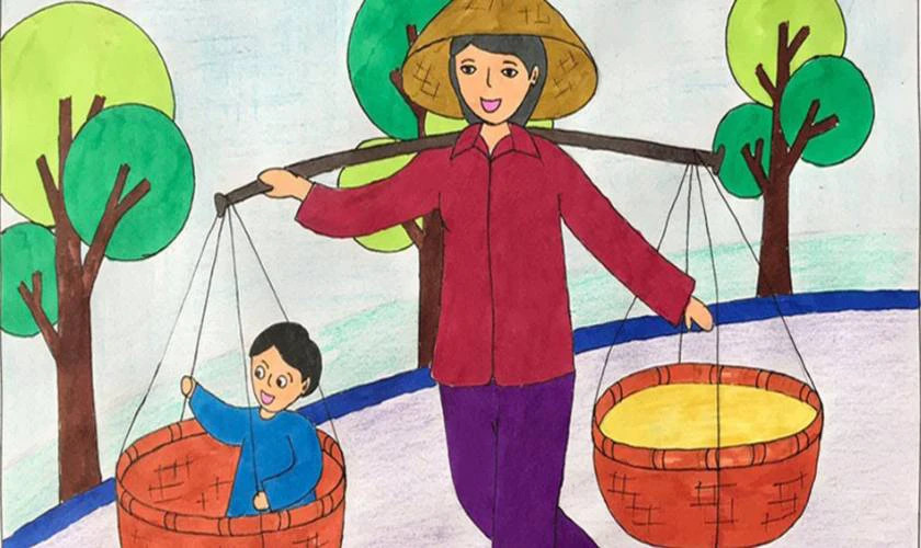 Mẫu vẽ tranh 20/10 tặng mẹ với hình ảnh gia đình hạnh phúc, thể hiện tình mẫu tử thiêng liêng