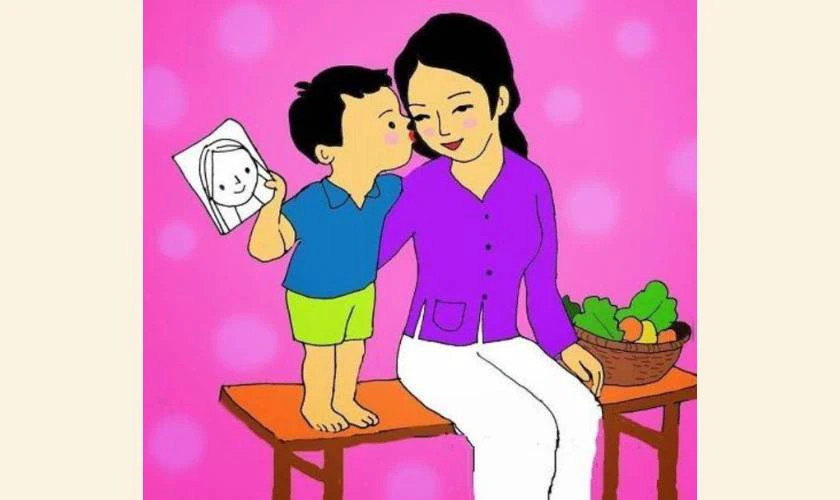 Mẫu vẽ tranh 20/10 tặng mẹ ý nghĩa, nhấn mạnh sự kết nối và tình yêu thương của bé dành cho mẹ