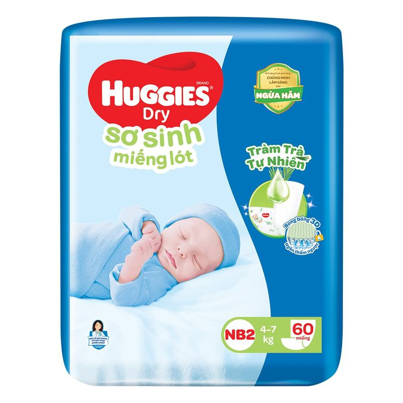 Miếng lót sơ sinh Huggies NB2 60 miếng cho bé 4-7kg, công nghệ thấm hút vượt trội từ Huggies