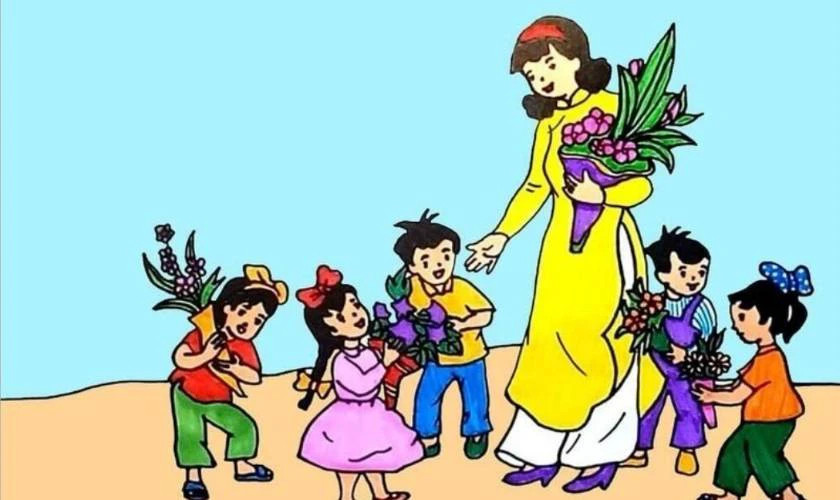 Một bé trai đang chăm chú phác thảo bức tranh 20/10 đơn giản nhưng ý nghĩa, tập trung vào chủ đề tặng hoa