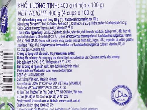 Thành phần dinh dưỡng sữa chua Vinamilk