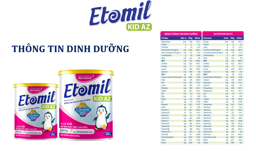 Thành phần sữa Etomil Kid AZ hỗ trợ bé 3 tuổi tăng chiều cao và hệ miễn dịch