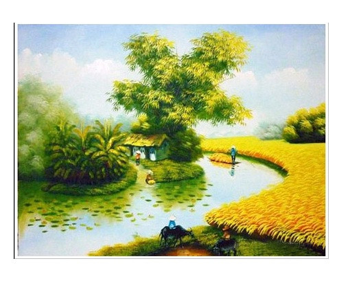 Tranh phong cảnh đồng quê do học sinh tự tay vẽ, với hình ảnh ngôi nhà, cánh đồng và bầu trời xanh biếc, mang đậm dấu ấn tuổi thơ.