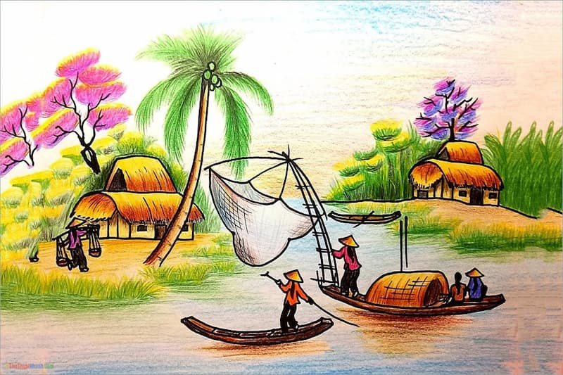 Tranh phong cảnh làng quê yên bình với cánh đồng lúa chín và cây xanh