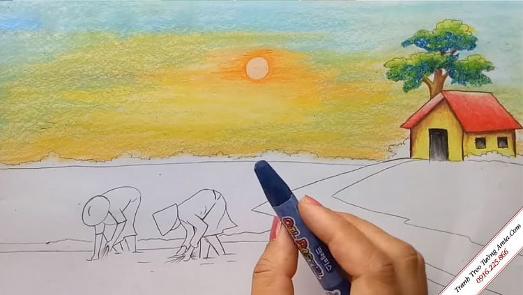 Tranh tô màu phong cảnh anime làng quê thanh bình