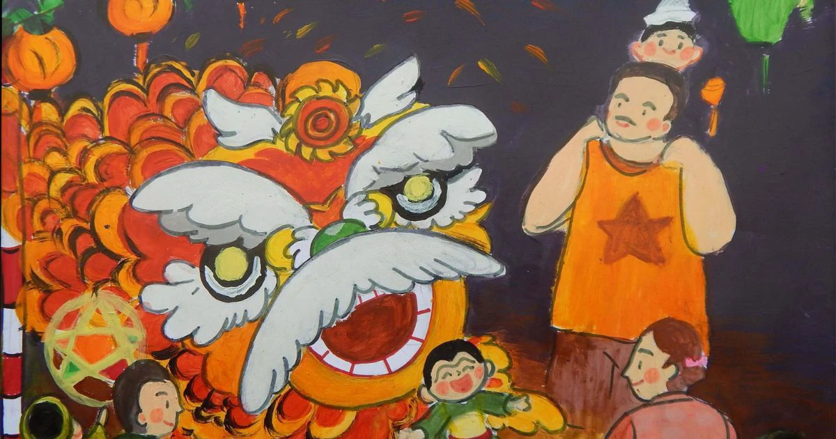tranh trung thu đẹp mắt, múa lân trung thu