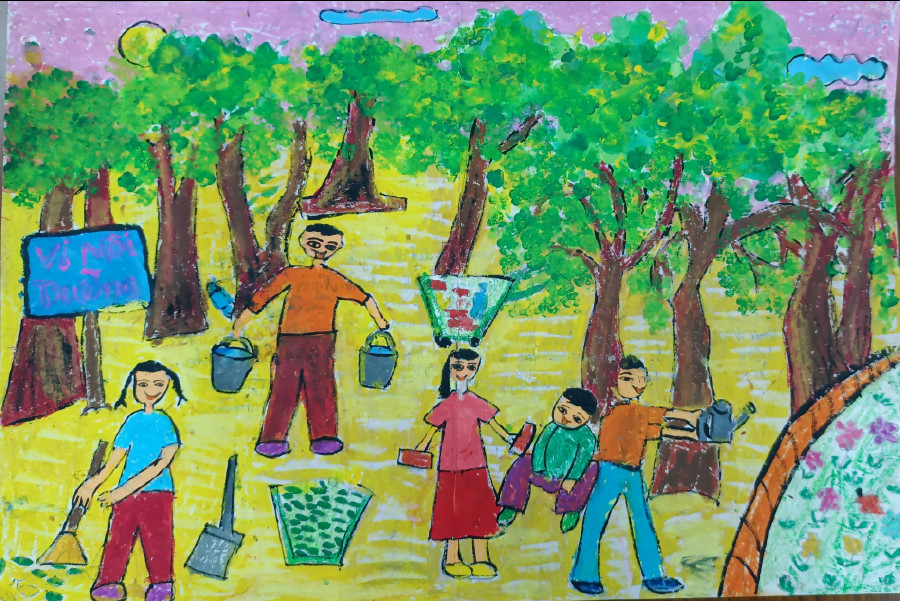 Tranh ý tưởng vẽ tranh bảo vệ môi trường của học sinh, thể hiện nhận thức về giữ gìn thiên nhiên.