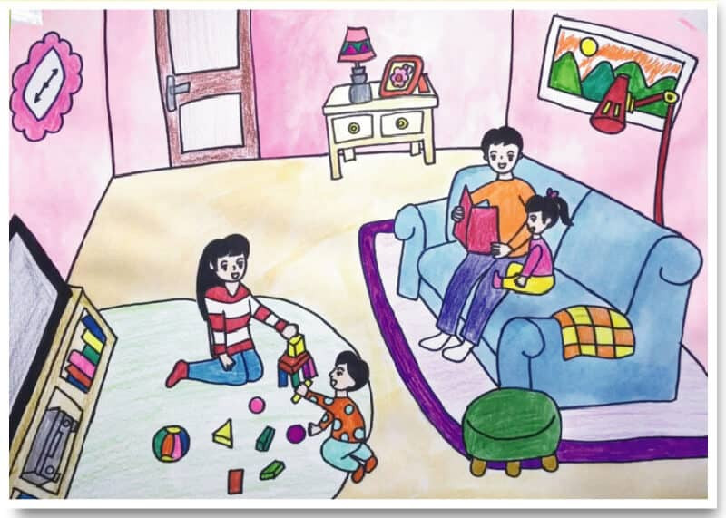 Vẽ tranh gia đình 4 người đơn giản mà đẹp
