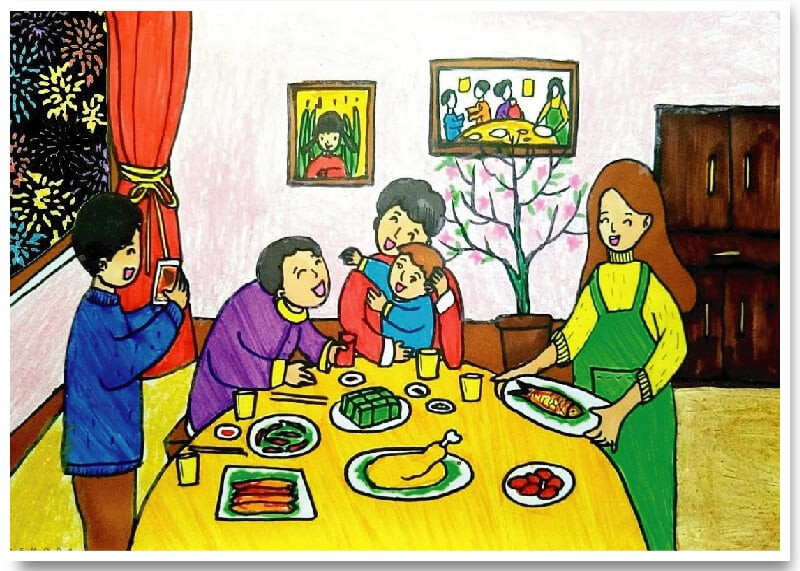 Vẽ tranh gia đình làm việc nhà