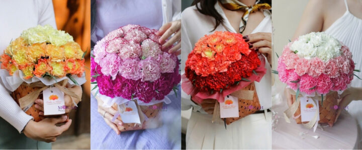 Rổ hoa cẩm chướng hồng và trắng tinh xảo mừng Ngày Phụ nữ Việt Nam