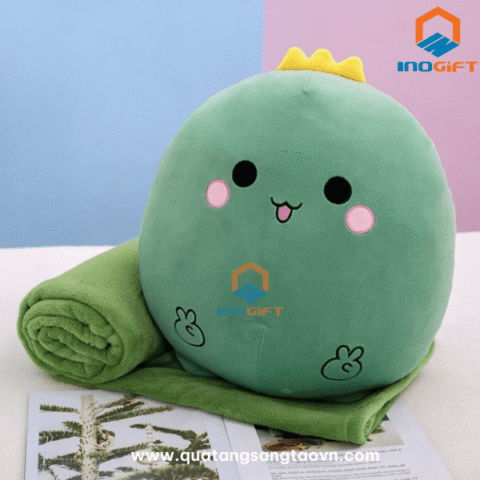 bộ chăn gối 2in1 hình khủng long làm quà tặng nhân viên