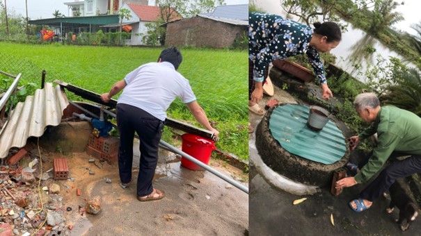 Ảnh cán bộ y tế hướng dẫn gia đình xử lý và bảo vệ nguồn nước sinh hoạt, góp phần vào hành động bảo vệ môi trường nước