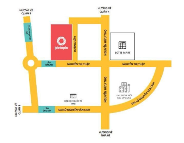 Bản đồ hướng dẫn đường đi đến Vietopia, khu vui chơi trẻ em quận 7