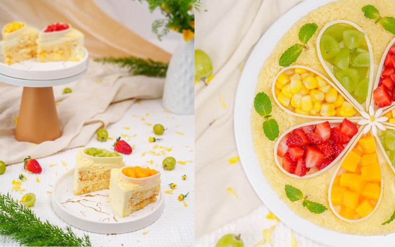 Bánh kem bắp với hạt bắp tươi trang trí