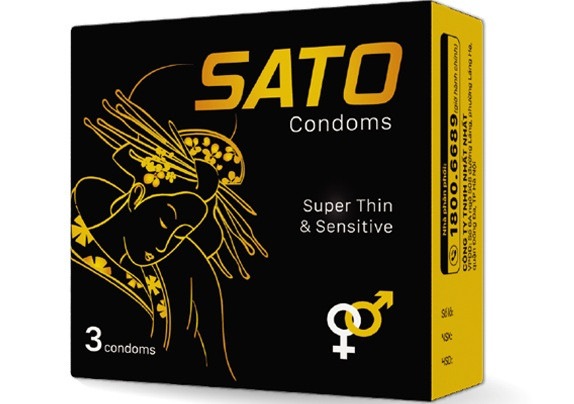 Bao bì sản phẩm bao cao su Sato, được giới thiệu với kích thước tiêu chuẩn, phù hợp với câu hỏi bao cao su có size không.