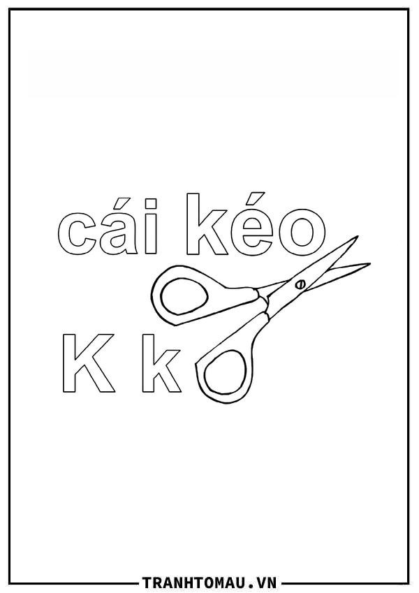 Bé tô tranh tô màu chữ K tiếng Việt với hình ảnh cái kéo sắc bén