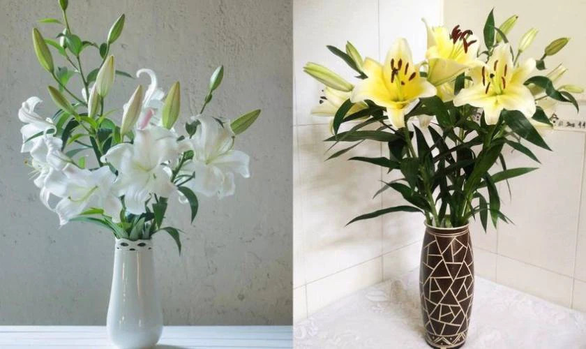 Bình hoa ly đẹp mắt trên bàn thờ ngày Tết, thể hiện sự sang trọng và tôn kính