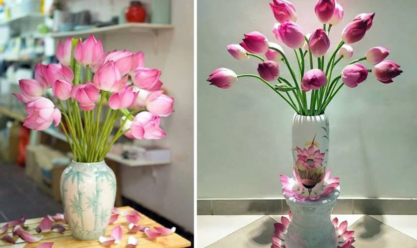 Bình hoa sen thanh khiết trên bàn thờ, tạo nên vẻ đẹp trang nghiêm cho không gian thờ cúng