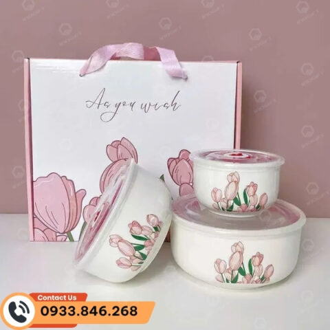 bộ 3 bát sứ 8/3 quà tặng cho nhân viên nữ