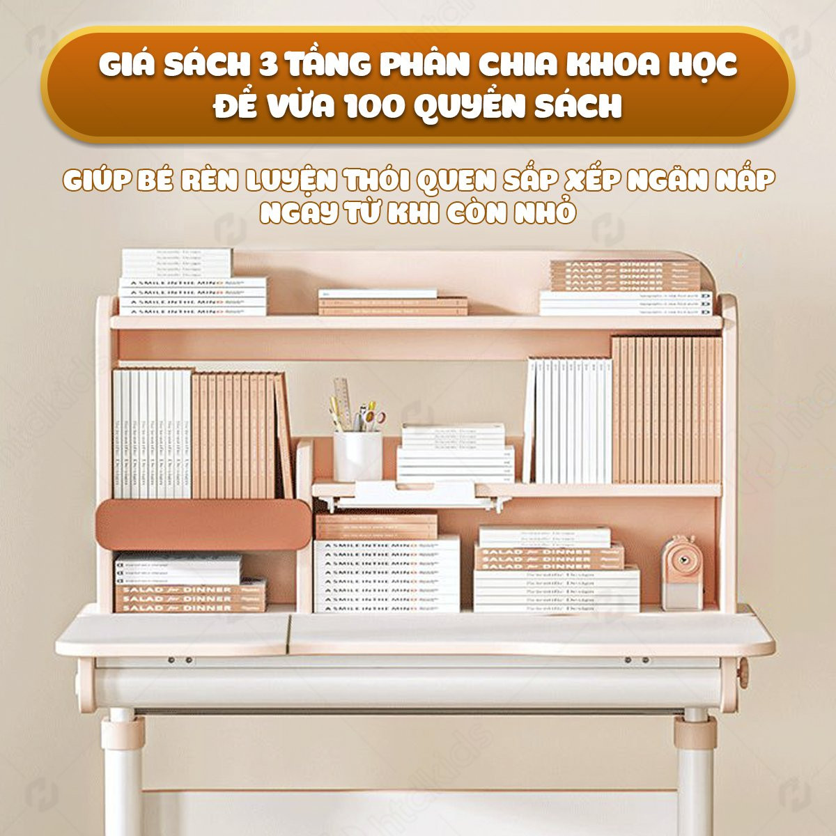 Bộ bàn học chống gù lưng T100 màu xanh, thiết kế tiện lợi với giá sách và ngăn kéo tích hợp