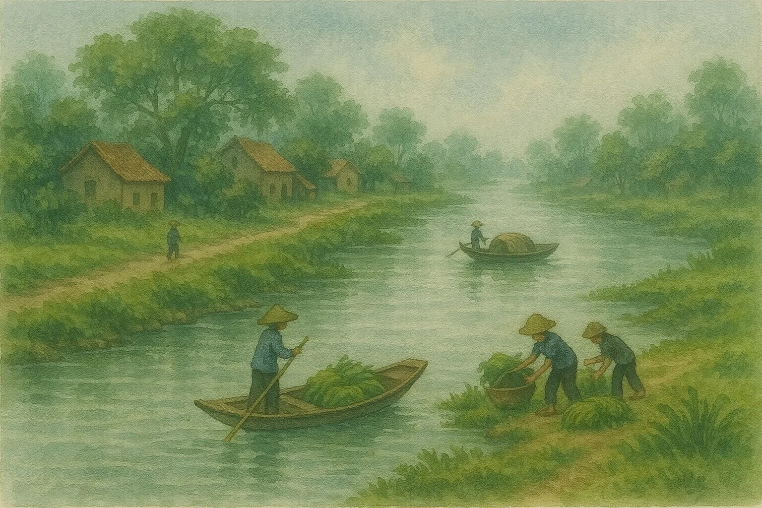 Bức tranh phong cảnh quê hương hoàn thiện vẽ bằng màu nước với núi non, cánh đồng và nhà cửa.