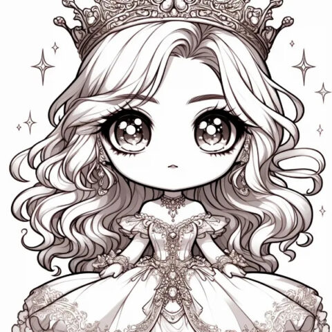 Bức tranh tô màu công chúa anime chibi đáng yêu với mái tóc dài