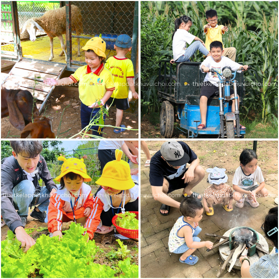 Các bé tham gia hoạt động nông nghiệp tại Vườn Ong Vàng, một khu vui chơi dã ngoại mang tính giáo dục